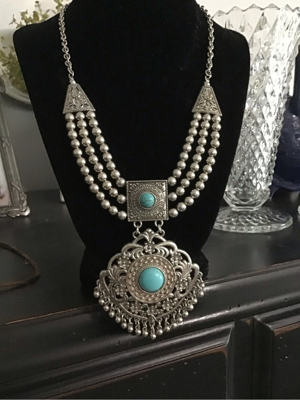 Silver-Tone Multi-Strand Necklace with Turquoise Accents